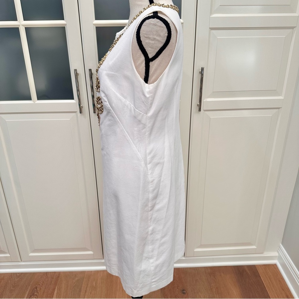 Ellen Tracy Ivory Gold Metal Beaded Sleeveless Sheath Pencil Dress - Picture 5 of 6